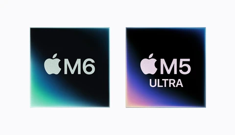 Graphic comparison of Apple M6 and M5 Ultra chip logos with gradient backgrounds