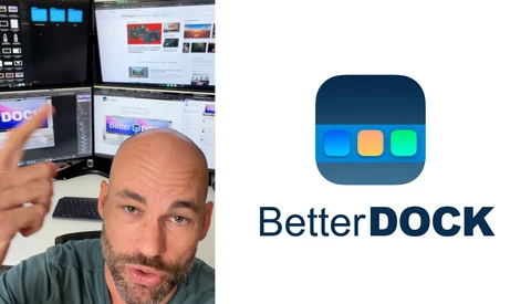 Screenshot showing BetterDock app logo alongside a person at a multi-monitor workspace setup