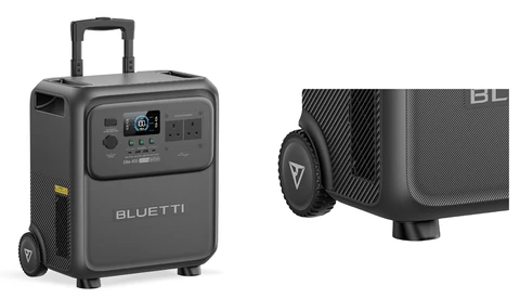 Bluetti portable power station with telescoping handle and wheels, shown from two angles