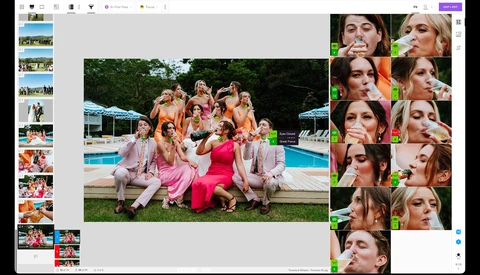 Screenshot of photo editing software showing group portrait at poolside with contact sheet of individual headshots