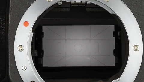 Camera mirror and focusing screen viewed from the mirror box during sensor inspection