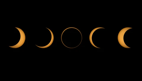 Illustration of five moon phases arranged horizontally, from crescent to full to crescent