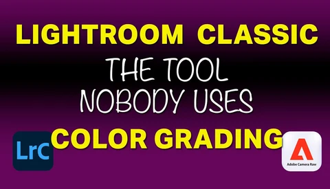 Graphic advertising Lightroom Classic color grading tutorial with Adobe and Lrc logos