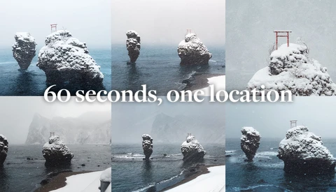 Grid of nine photographs showing snow-covered rock formations in ocean, shot from multiple angles across 60 seconds