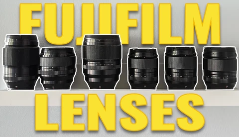 Illustration of six Fujifilm camera lenses arranged in a row against a gray background with yellow text
