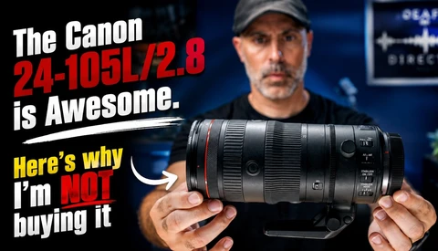 Graphic thumbnail with man holding Canon 24-105mm f/2.8 lens against blue studio background
