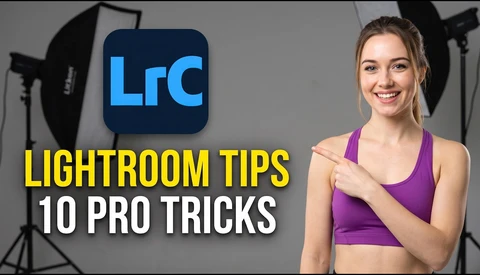 Adobe Lightroom logo and 'Lightroom Tips: 10 Pro Tricks' title with woman in purple top pointing to text