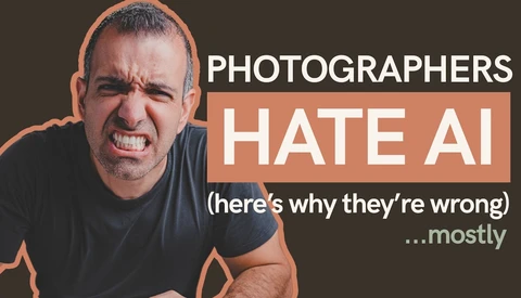 Graphic design with man's face showing frustration, bold text reading 'PHOTOGRAPHERS HATE AI'