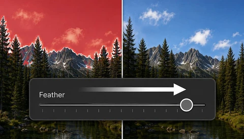 Screenshot showing feather adjustment slider in photo editing software with before/after mountain landscape comparison