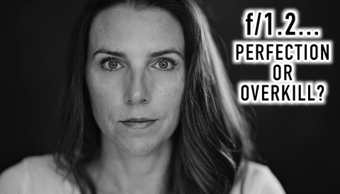 Black and white portrait of a woman with an overlay questioning f/1.2 aperture settings