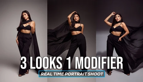 Female model in black crop top and pants styled three ways with flowing fabric against neutral backdrop
