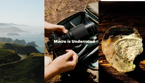 Composite image with landscape, macro lens setup, and close-up with text overlay 'Macro is Underrated'