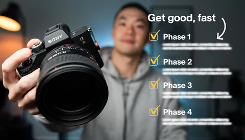 Photographer holding Sony mirrorless camera with telephoto lens, displaying four-phase learning framework