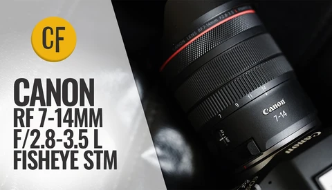 Canon RF 7-14mm f/2.8-3.5 L Fisheye STM lens displayed against dramatic cloudy sky background