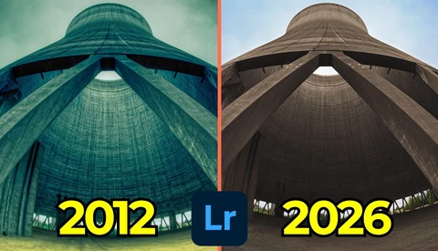 Split-screen comparison of the same cooling tower photographed in 2012 and 2026, showing color grading differences in Lightroom