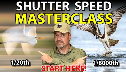 Graphic comparing shutter speed ranges from 1/20th to 1/8000th with instructor pointing to starting point