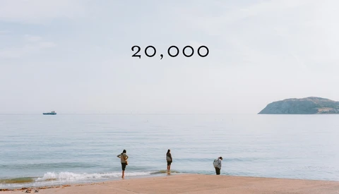 Four figures standing in shallow ocean water on a sandy beach with calm sea and distant island
