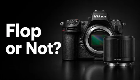 Nikon D850 DSLR camera body and AF-S 50mm f/1.8 lens on black background with text overlay reading 'Flop or Not?'