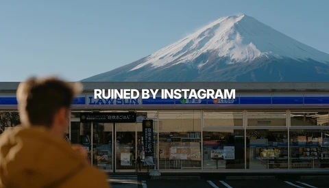 Person in yellow jacket viewing Mt. Fuji with storefront displaying 'RUINED BY INSTAGRAM' text
