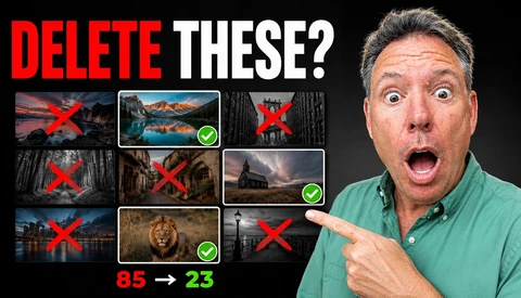 Graphic illustration showing photography selection exercise with man pointing at images marked for deletion