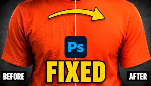 Graphic illustration of orange t-shirt with Photoshop logo and 'FIXED' text with yellow arrow