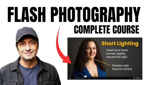 Graphic for Flash Photography Complete Course showing instructor portrait and short lighting diagram