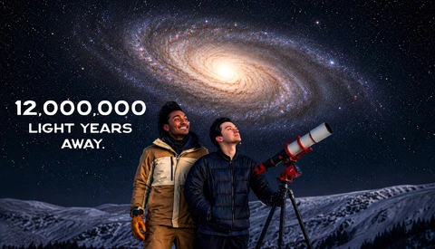Two observers with telescope on snowy mountain under spiral galaxy, text reading '12,000,000 light years away'