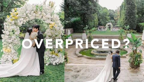 Split-frame wedding photography comparing ornate floral arch ceremony setup with garden venue landscape