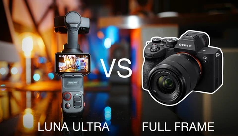 Graphic comparison of DJI Luna Ultra gimbal versus full-frame mirrorless camera for video production