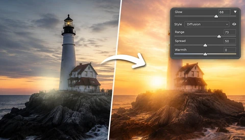 Screenshot showing before-and-after lighthouse photo editing with Glow filter settings panel