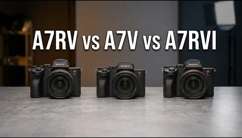 Three Sony Alpha mirrorless cameras displayed front-facing with overlay text comparing A7RV, A7V, and A7RVI models