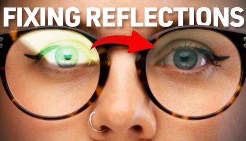 Graphic illustration showing eyeglasses with reflections on lenses and red arrow pointing to corrected reflection