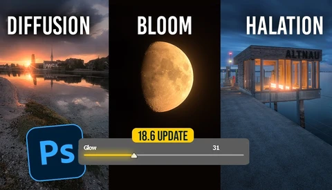 Screenshot showing Photoshop 18.6 update interface with three lighting technique examples