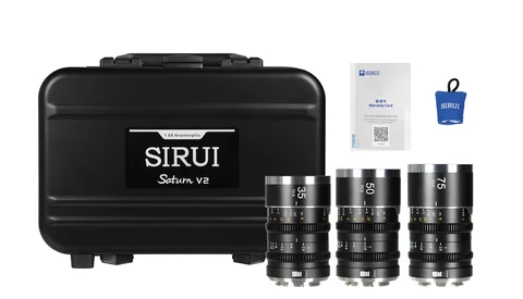 Sirui Saturn V2 cine lens kit with three lenses, carrying case, and accessories