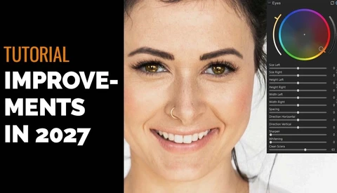 Portrait retouching tutorial screenshot showing before and after of woman's face with color adjustment panel
