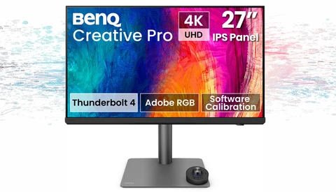 Product render of a BenQ Creative Pro 27-inch 4K monitor displaying colorful abstract artwork on its screen