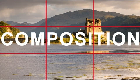 Rule of thirds grid overlay on Scottish loch landscape with castle