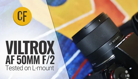 Viltrox AF 50mm f/2 lens mounted on L-mount camera with colorful Fstoppers branding