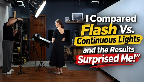 Studio setup comparing flash and continuous lighting with female subject and photographer