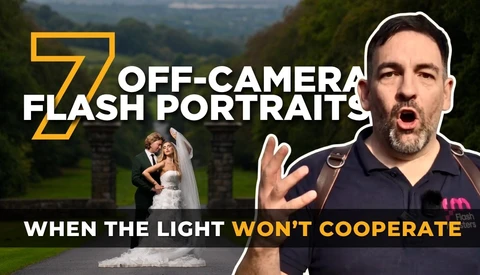 Man in dark shirt gesturing expressively next to off-camera flash portrait tutorial graphic