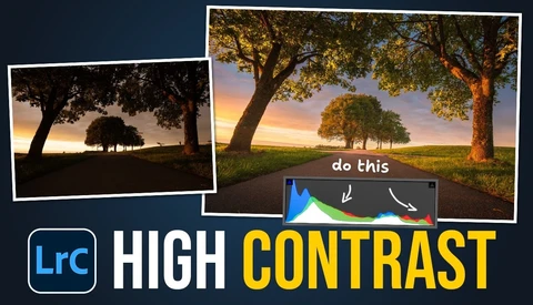 Graphic showing high contrast editing comparison with sunset landscape photos