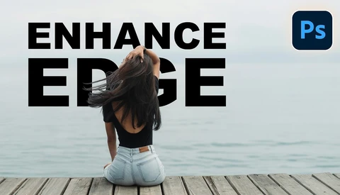 Woman sitting on wooden pier facing calm ocean with overlaid typography reading 'ENHANCE EDGE'