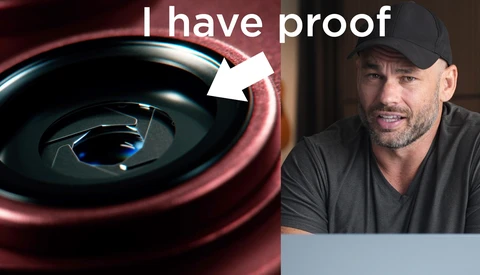 Split-screen meme with abstract red and blue circular design and person wearing black cap