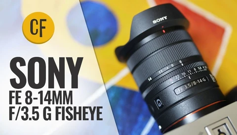 Sony FE 8-14mm f/3.5 G Fisheye lens displayed against colorful geometric background