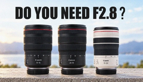 Three Canon RF-mount lenses displayed side by side against a blurred landscape background