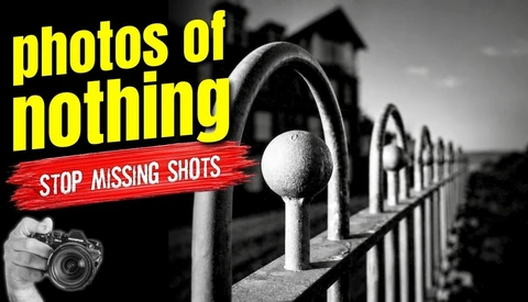 Graphic with yellow text 'photos of nothing' and red banner 'STOP MISSING SHOTS' overlaid on black and white fence line photograph