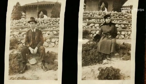 Two sepia-toned photographs showing people seated among large piles of stones with ancient fortification visible