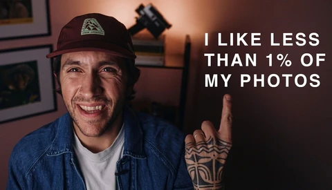 Man in denim jacket and maroon cap gesturing while smiling, with text overlay about photo selection