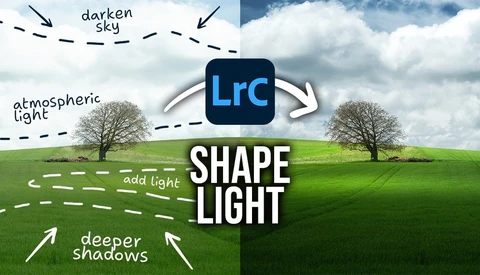 Graphic illustration demonstrating shape light technique in Lightroom with landscape scene