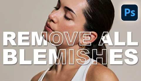 Tutorial graphic showing blemish removal technique in Adobe Photoshop